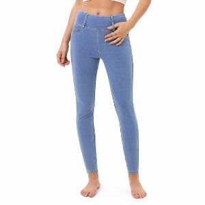 Women's High - Waisted Denim - Look Leggings with Faux Pockets and Contrast Stitching - 1 of 4