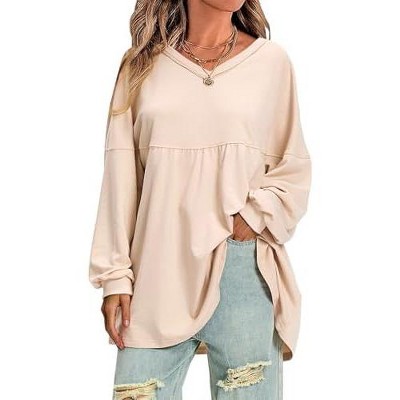 EXLURA EXLURA Womens Spring Long Sleeve Shirts V Neck Casual Maternity Tops Loose Babydoll Pullover Dressy Tunic Blouse Outfits 2025 Apricot