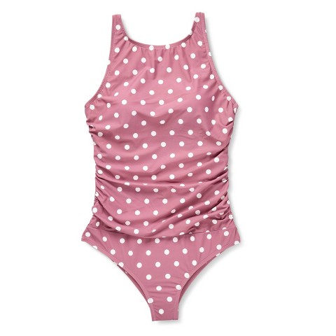 Shade & Shore Women's Post Mastectomy Shirred High Neck Medium Coverage One Piece Swimsuit Polka Dots - Shade & Shore™ Multi M