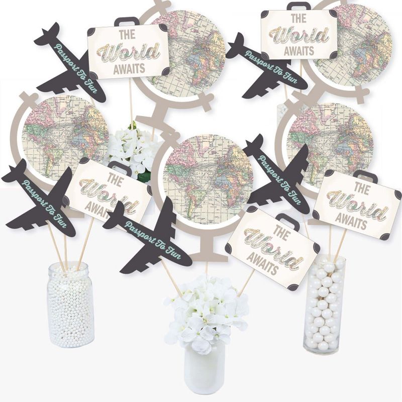 Big Dot of Happiness World Awaits - Travel Themed Party Centerpiece Sticks - Table Toppers - Set of 15, 3 of 10