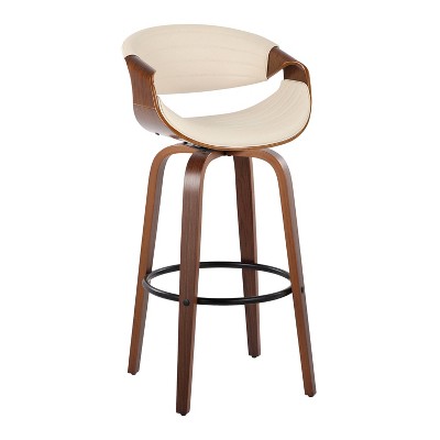 Walnut and Cream Swivel Bar Stools with Metal Footrest