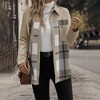 Women Jackets Collar Color Block Plaid Button Down Long Sleeve Shirt Jacket with Pockets - 3 of 4