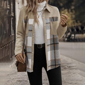 Women Lapel Jackets Color Block Plaid Button Front Pockets Long Sleeve Shirt Jacket - 1 of 4