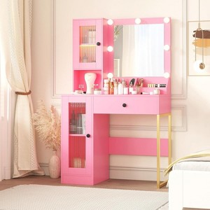 Modern Makeup Vanity Desk with Mirror, Charging Station, Ample Storage Drawers & Acrylic-Door Cabinets, Wooden Dressing Table for Bedroom - 1 of 4