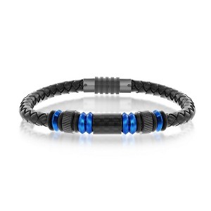 Metallo Mens Blue Stainless Steel w/ Black Carbon Fiber Genuine Leather Bracelet - Blue - 8.5 Inch - 1 of 3