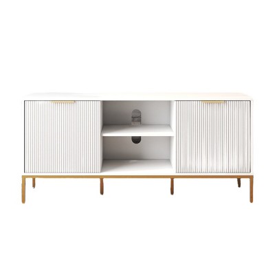 GlasFlength TV Stands and Consoles Modern Media Console with Wave Design Doors and Adjustable Storage for Living Room, White, 47.2"*13.8"*21.6"