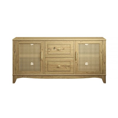 60" Beige Wood TV Stand with Cabinets and Drawers