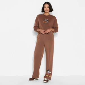 Women's Mickey Mouse Wide Leg Fleece Graphic Pants - Brown - 1 of 3
