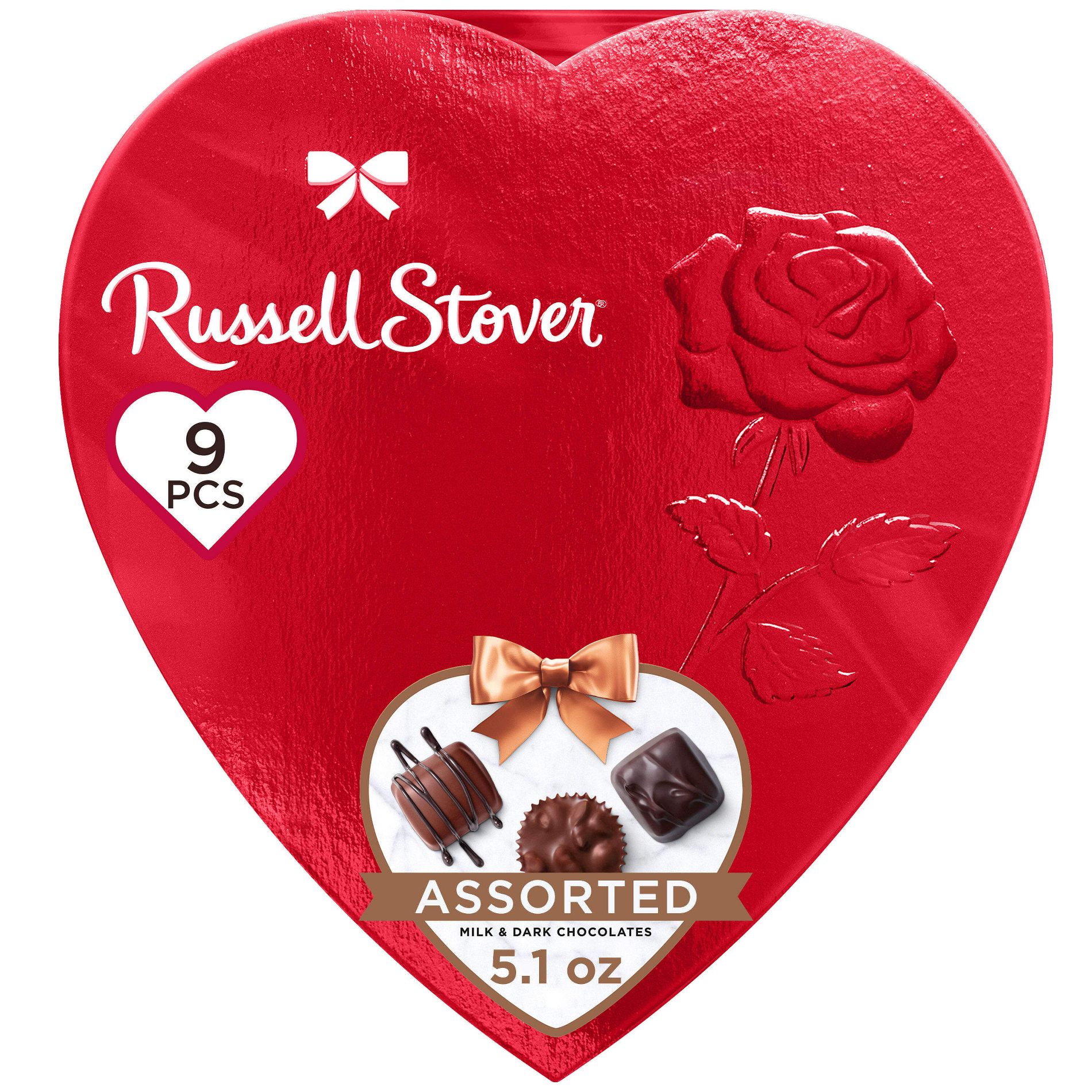 Russell Stover Valentine's Day Red Foil Heart Assorted Milk & Dark Chocolate Candy Gift Box - 5.1oz