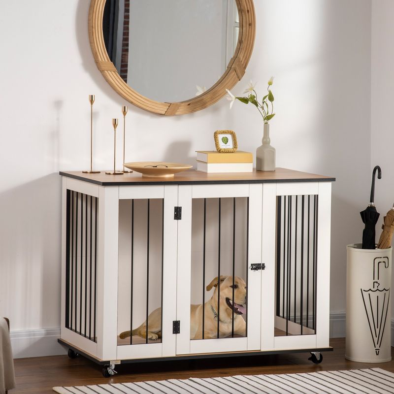PawHut Modern Dog Crate End Table with Wheels & Big Tabletop, Indoor Dog Crate Furniture with Lockable Door, White, 4 of 8