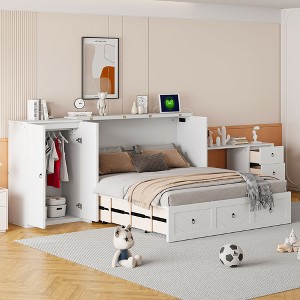 Queen Size Murphy Bed with Storage Drawer, Built-in Wardrobe, Desk with Drawers and USB Charging Station,Convertible Cabinet Bed - 1 of 4
