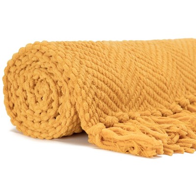 Golden Knitted Faux Fur Throw Blanket with Tassels