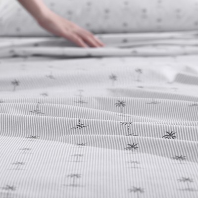 Gray Cotton Percale Queen Sheet Set with Palm Print