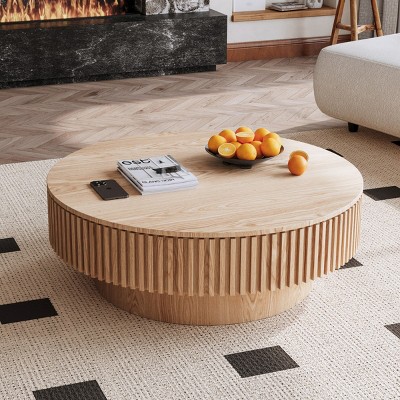 Modern 39'' Round Solid Wood Coffee Table,Table With Storage Space And Solid Wood Veneered,Suitable For Apartment Or Office-Coolbibila