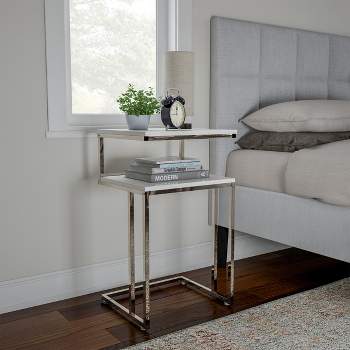 Hastings Home 2-Tier End Table - C-Shaped Side Table With Two Shelves and Metal Stand - White and Chrome