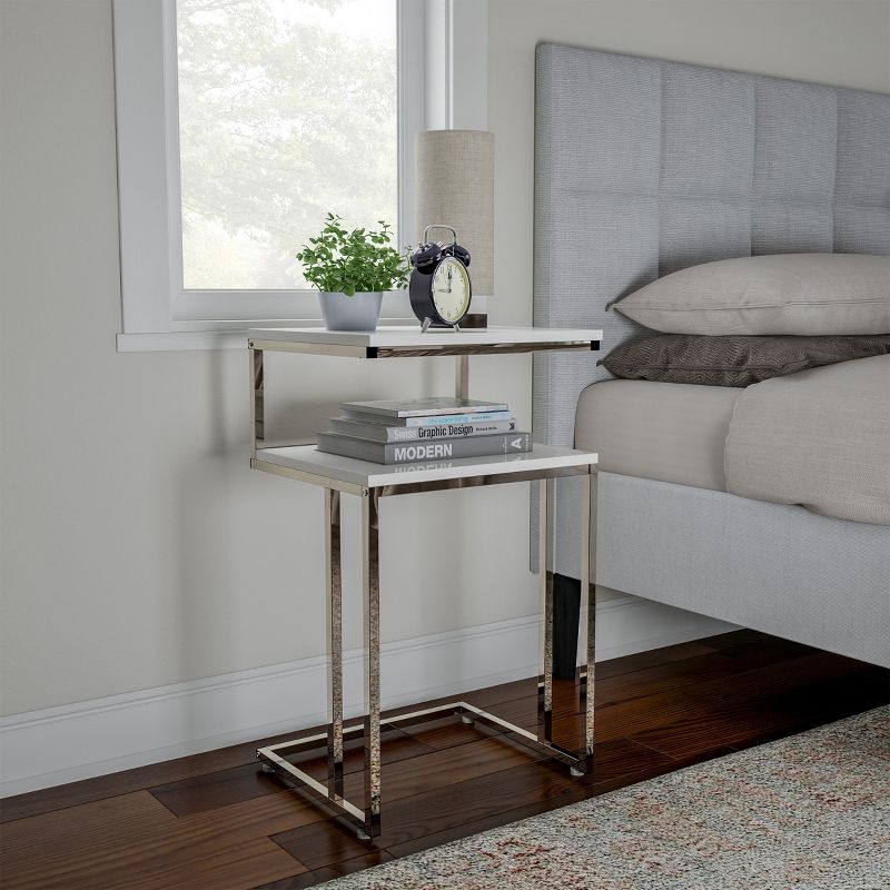 Hastings Home 2-Tier End Table - C-Shaped Side Table With Two Shelves and Metal Stand - White and Chrome, 1 of 9