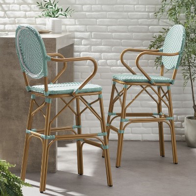 Set of 2 Outdoor Wicker and Aluminum 29.5" French Barstools,Bamboo Print Finish-Christopher Knight Home