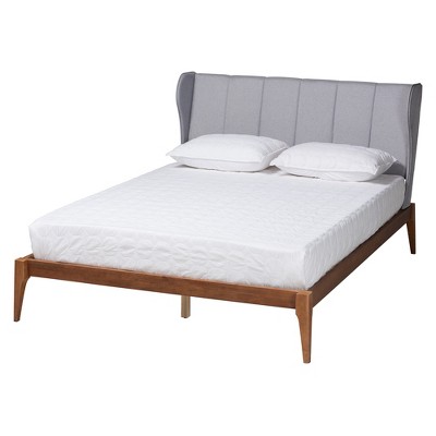 Royce Queen Walnut Wood Frame Gray Upholstered Wingback Bed