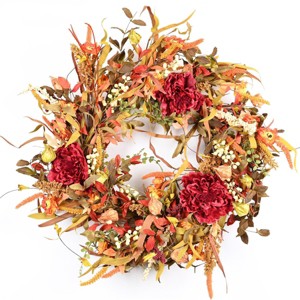 26" Fall Thanksgiving Day Peony Floral Wreath for Front Door - 1 of 4