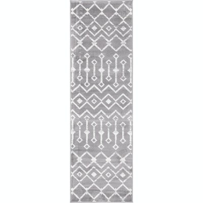 Gray and White Geometric Trellis Synthetic Runner Rug
