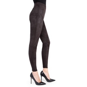 Memoi Women's Vegan Suede High-Waist Shaping Leggings Black M-L - 1 of 4