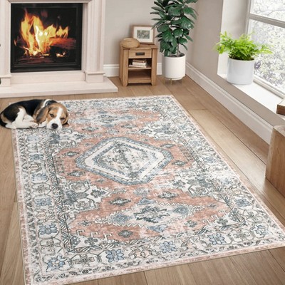 Washable Low-Pile Area Rug – Stain-resistant vintage medallion design, non-slip. Ideal for nurseries, living rooms, offices