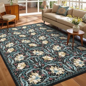 Acekool Floral Washable Rugs - Vintage Botanical Print Area Rug - 1 of 4