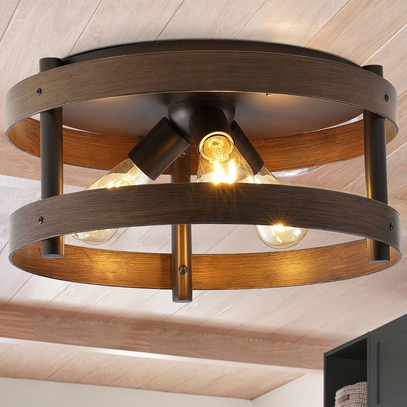 16&#34; 3-Light Cooper Farmhouse Industrial Iron LED Flush Mount Brown Wood Finished/Oil Rubbed Bronze - JONATHAN Y, 4 of 10