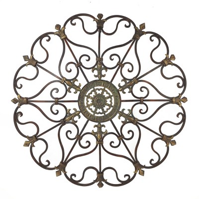 Black Iron Scrollwork and Fleur De Lis Round Wall Sculpture