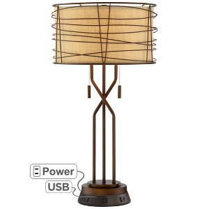 Franklin Iron Works Industrial Table Lamp with USB and AC Power Outlet Workstation Charging Base 28.75" Tall Bronze Woven Metal Burlap Bedroom - 1 of 4