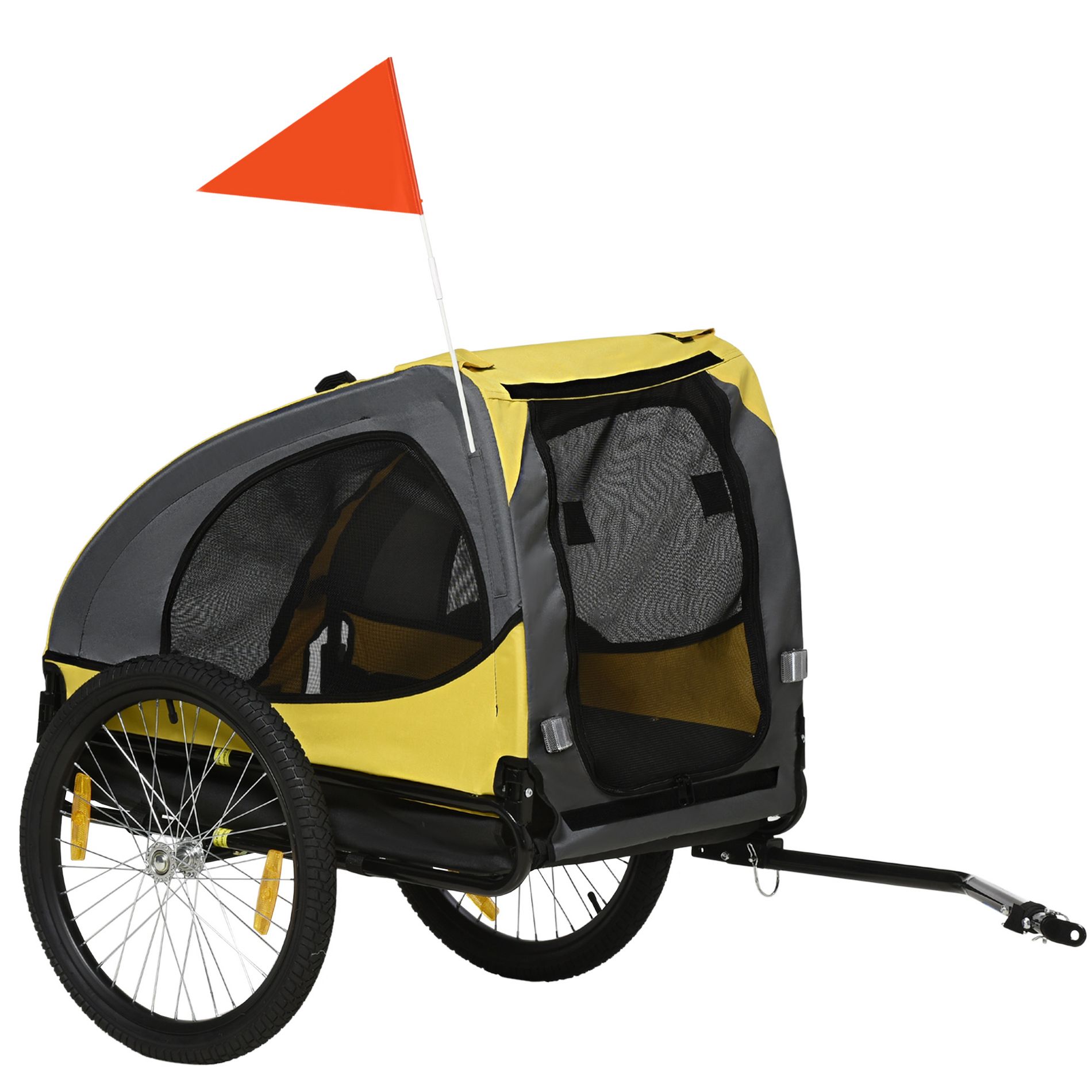 Aosom Dog Bike Trailer, Pet Bike Wagon with Hitch Coupler, Quick Release Wheels, Reflectors, Flag, Pet Travel Carrier for Medium Dogs, Yellow
