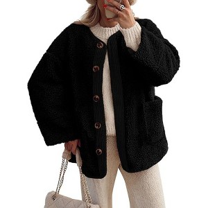 Womens Coat Collarless Casual Long Sleeve Button Front Plush Jacket with Pockets - 1 of 2