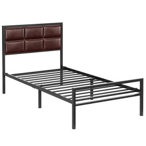Metal Bed Frame with Upholstered Square Stitched Headboard, Faux Leather Platform Bed Frame, Steel Slats Support, Box Spring Optional - 1 of 4