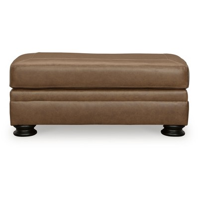 Traditional Caramel Brown Leather Ottoman with Turned Legs
