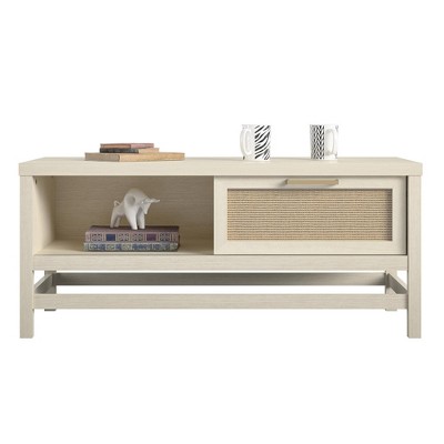 Boho-Chic Ivory Oak Rectangular Coffee Table with Faux Rattan Storage