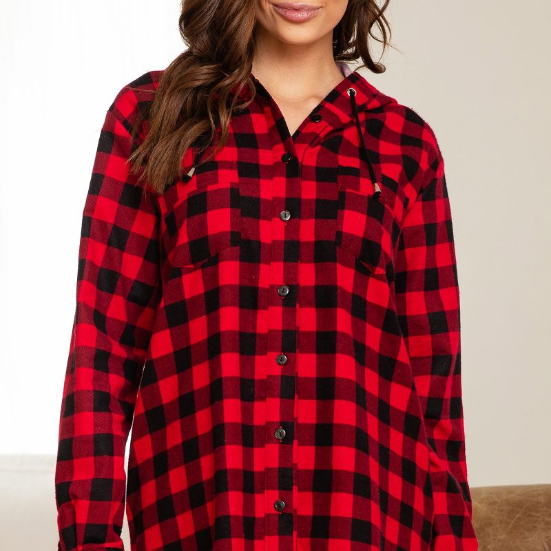 Women's Soft Warm Flannel Sleep Shirt with Hood, Button Down Pajama Top, 5 of 6