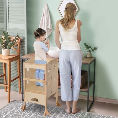 Natural Pine Foldable Wooden Kids Kitchen Step Stool with Safety Rails