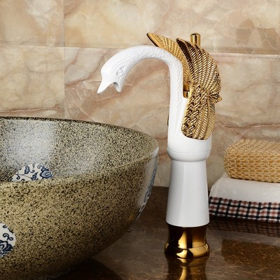 White and Gold Swan Single Handle Bathroom Vessel Faucet
