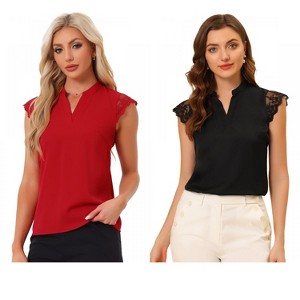 INSPIRE CHIC Women's Work Office V Neck Stand Collar Lace Cap Sleeve Basic Blouse 2 Pieces - 1 of 4