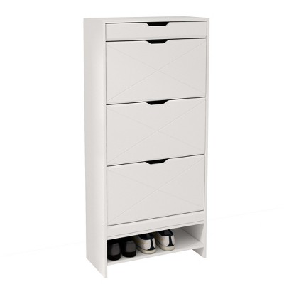 RISOKEYS Modern White Shoe Cabinet Shoe Rack,Wood Free Standing Shoe Organizer with 3 Flip Drawers & 1 Tier Drawers for Entrance Hallway