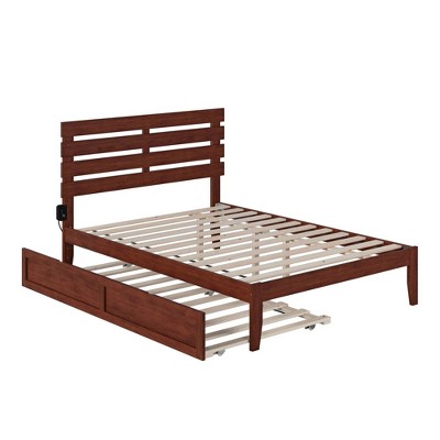 Walnut Full Wood Platform Bed with Trundle and USB Charger