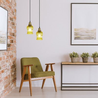 Yellow Textured Glass and Gold Metal Pendant Light, Adjustable Height