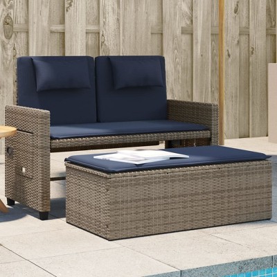 vidaXL Reclining Patio Bench with Cushions Gray Poly Rattan