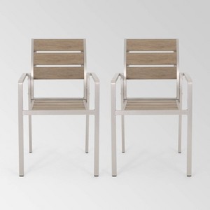 Cape Coral 2pk Aluminum Dining Chair with Faux Wood Seat - Silver/Natural - Christopher Knight Home - 1 of 4