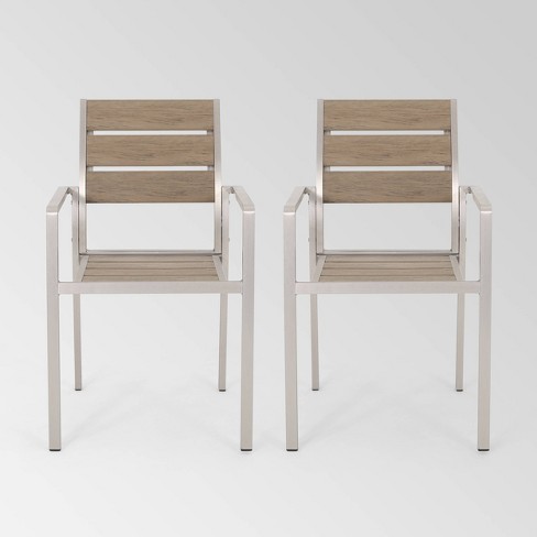 Cape Coral 2pk Aluminum Dining Chair with Faux Wood Seat - Silver/Natural -  Christopher Knight Home