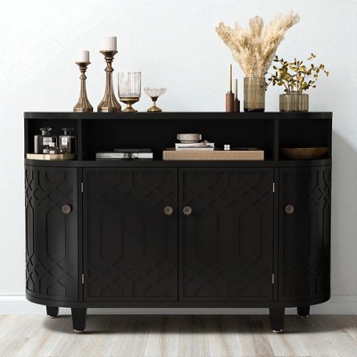 Curved Storage Sideboard Cabinet with Fraxinus Mandschuric Veneer, 4 Doors, Adjustable Shelves, and Fir Wood Legs, Sideboard for Dining Room