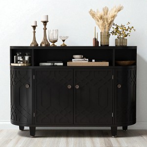 Curved Storage Sideboard Cabinet with Fraxinus Mandschuric Veneer, 4 Doors, Adjustable Shelves, and Fir Wood Legs, Sideboard for Dining Room - 1 of 4