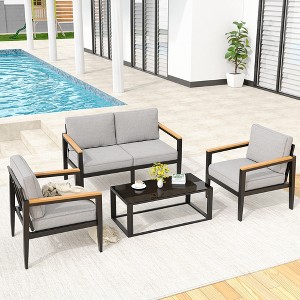 Garvee Outdoor Aluminum Furniture Set,4 Piece Patio Conversation Sets,Removable & Washable Cushion,Ink Color Tempered Glass Table Light Grey - 1 of 4