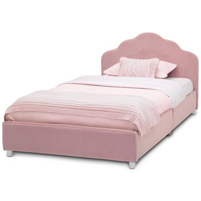 Rose Pink Twin Upholstered Platform Bed with Scalloped Headboard