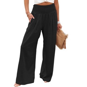 Womens Palazzo Pants Wide Leg High Waist Smocked Harem Pants Loose Fit Lounge Pants Linen Textured Summer Boho Bagyy Yoga Pants - 1 of 4